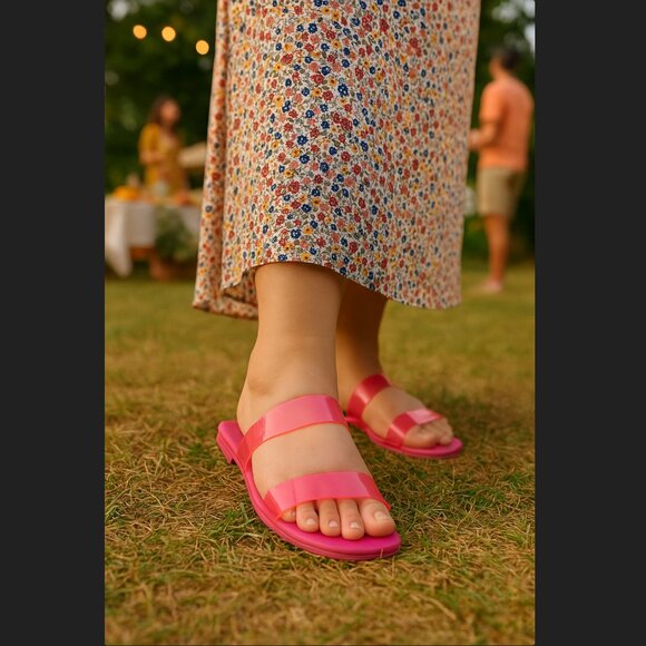 Torrid Sandals 9WW Hot Pink Lucite Dual Strappy Slip On Flats WIDE WIDTH NWT - Picture 1 of 7
